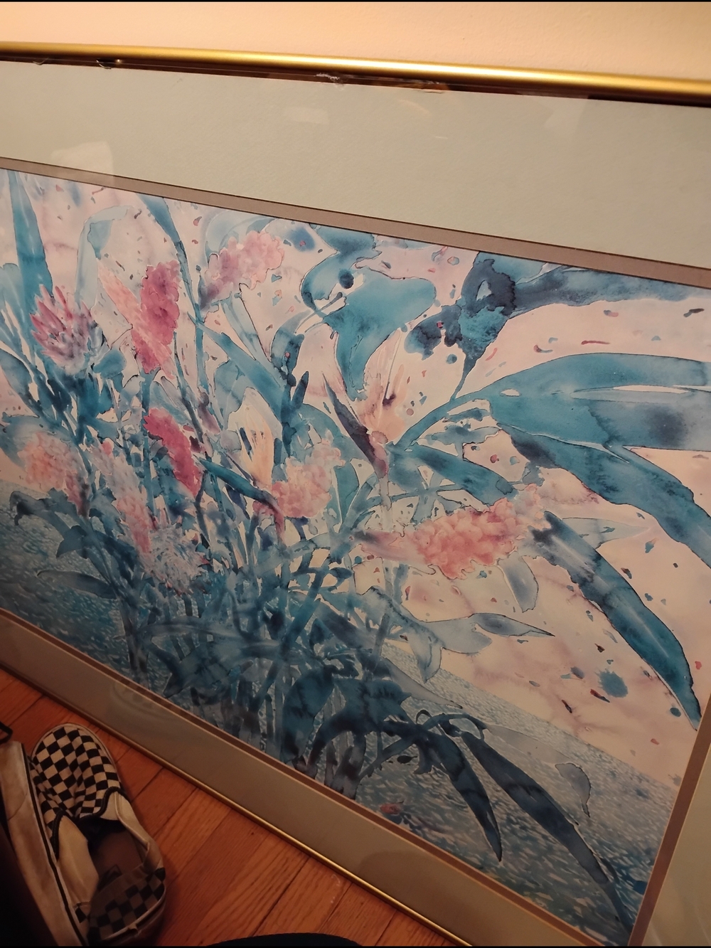 Framed Blue and Pink Floral Watercolor Wall Art